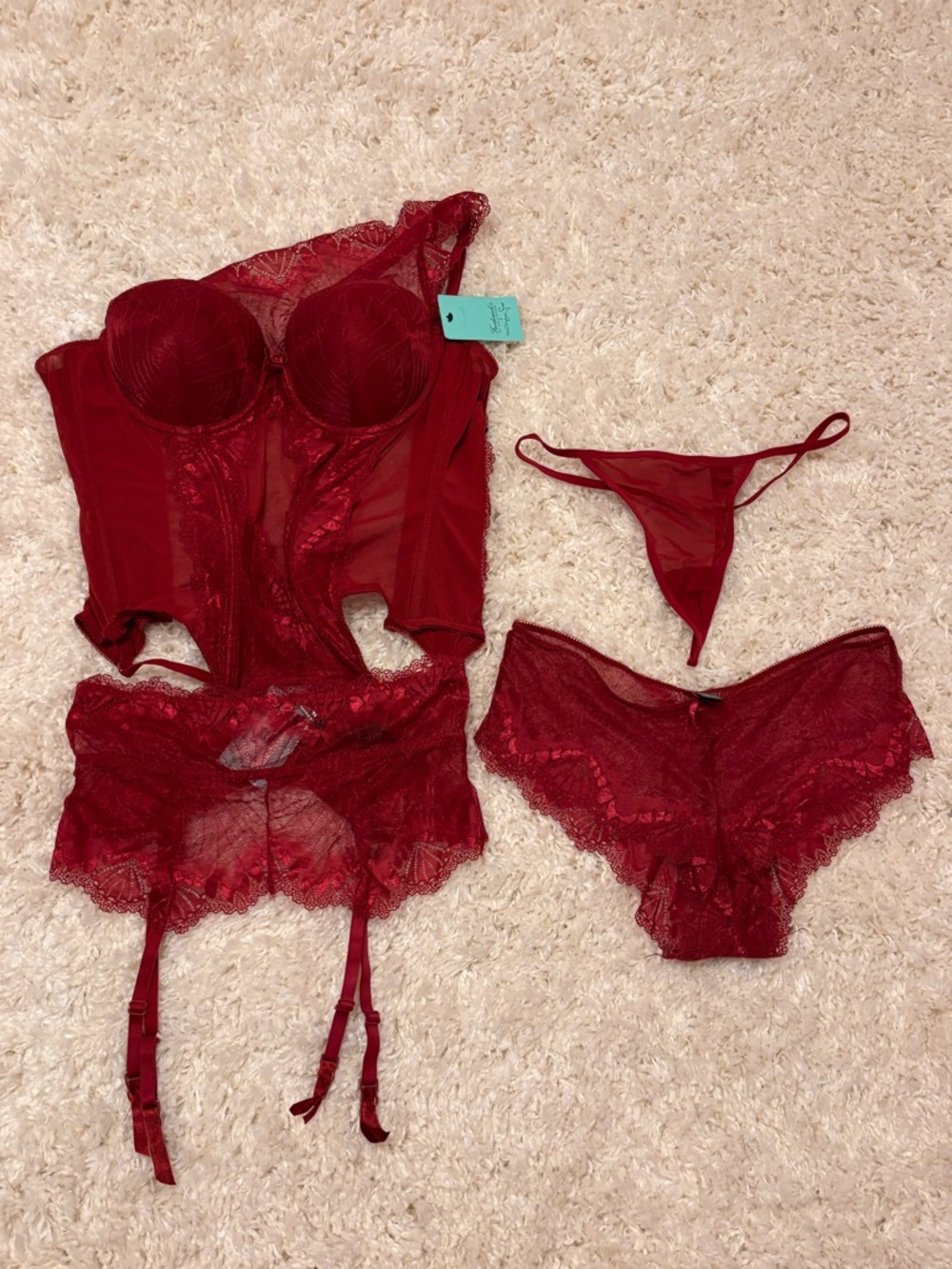 Fredrick’s of Hollywood One Shoulder Corset Garter Set red/maroon LGMed Lingerie